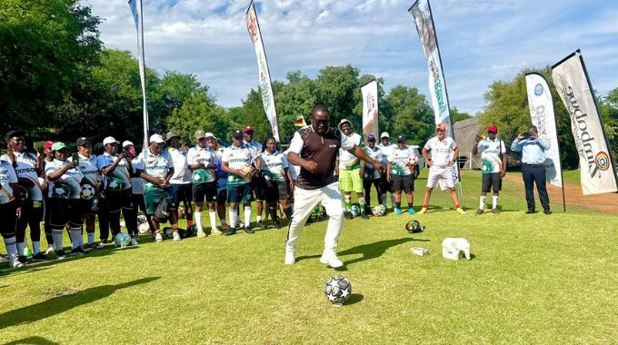 The Deputy Minister of Tourism and Hospitality Industry, Tongai Mnangagwa showing off his Footgolf skills