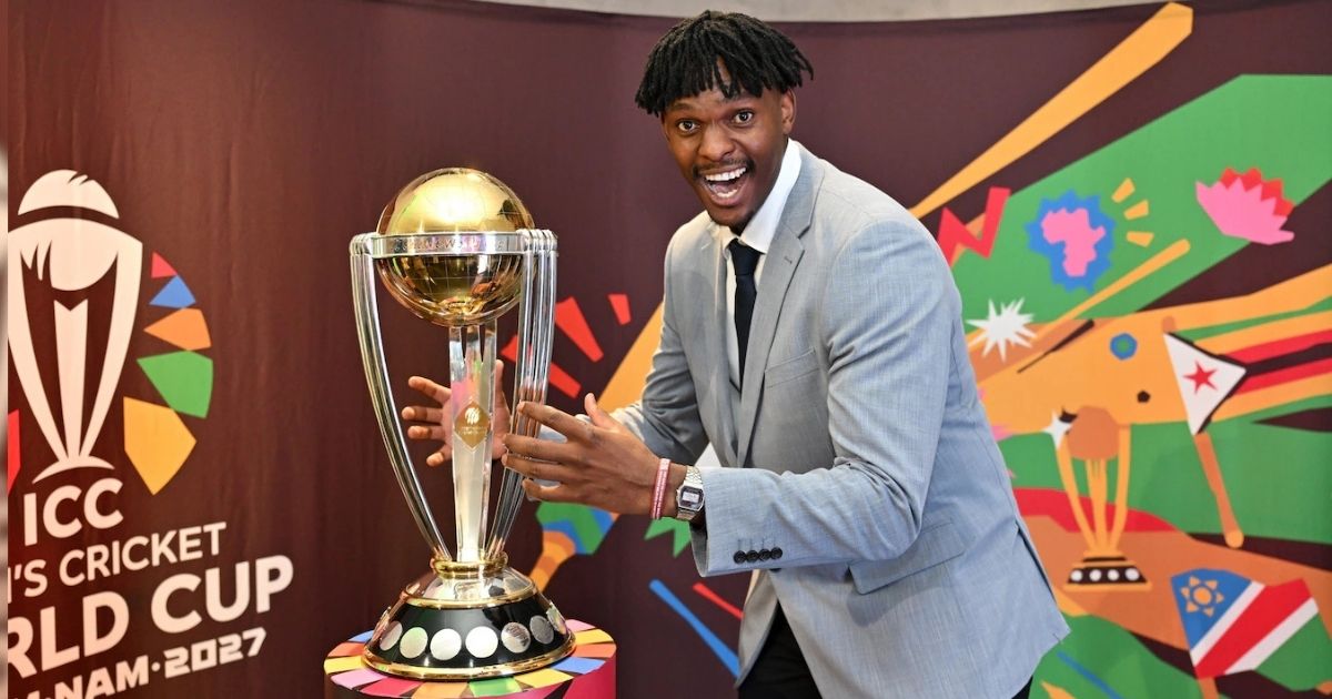 Cricket World Cup 2027 in Zimbabwe: The ultimate visitor’s guide 2 Zimbabwean fast bowler Blessing Muzarabani posing with the ICC Men’s Cricket World Cup trophy